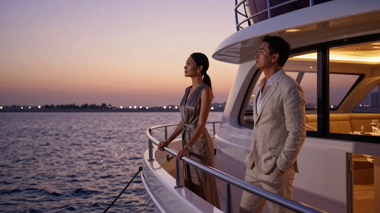 A private yacht at dusk in Dubai, a companion and client standing quietly near the railing, atmosphere of exclusivity and calm luxury.