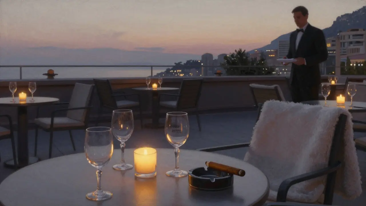 A quiet rooftop lounge at dawn with candlelight, empty glasses, and a single cigar smoldering under the fading stars.