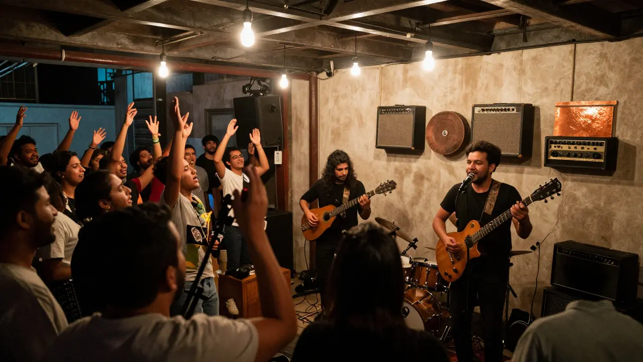 A rock band playing with oud and electric guitars as the crowd sings along in a rustic venue.