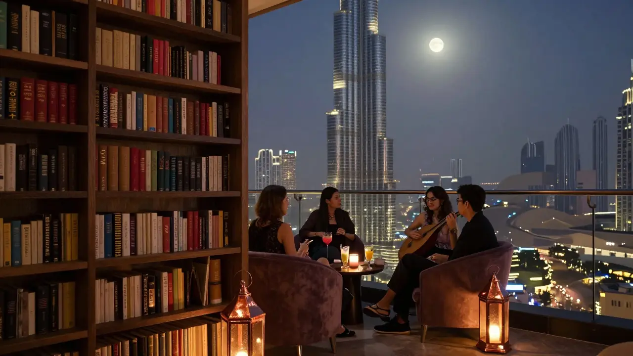 A rooftop lounge with panoramic views of Dubai’s skyline, guests enjoying quiet drinks under moonlight.