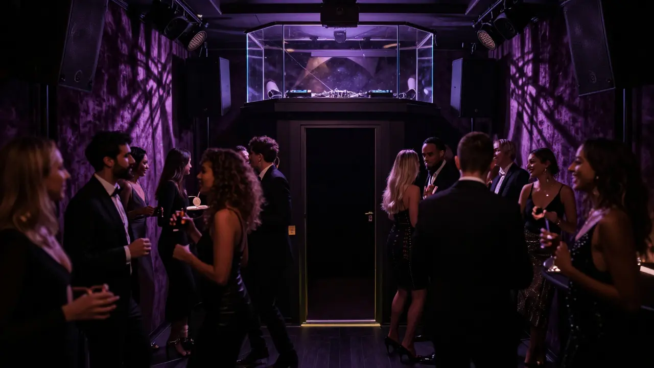 A secret nightclub in Monte Carlo where elegantly dressed guests dance in near darkness, lit only by a glass DJ booth.