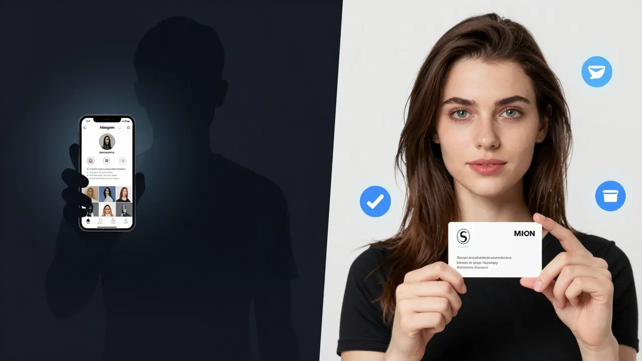 A split image contrasting fake social media profiles with a genuine escort's authentic appearance and verified online presence.