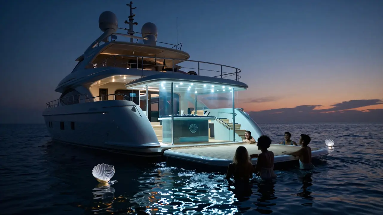 A superyacht at midnight with guests dancing on a floor lowered into the sea, dawn breaking over the horizon.