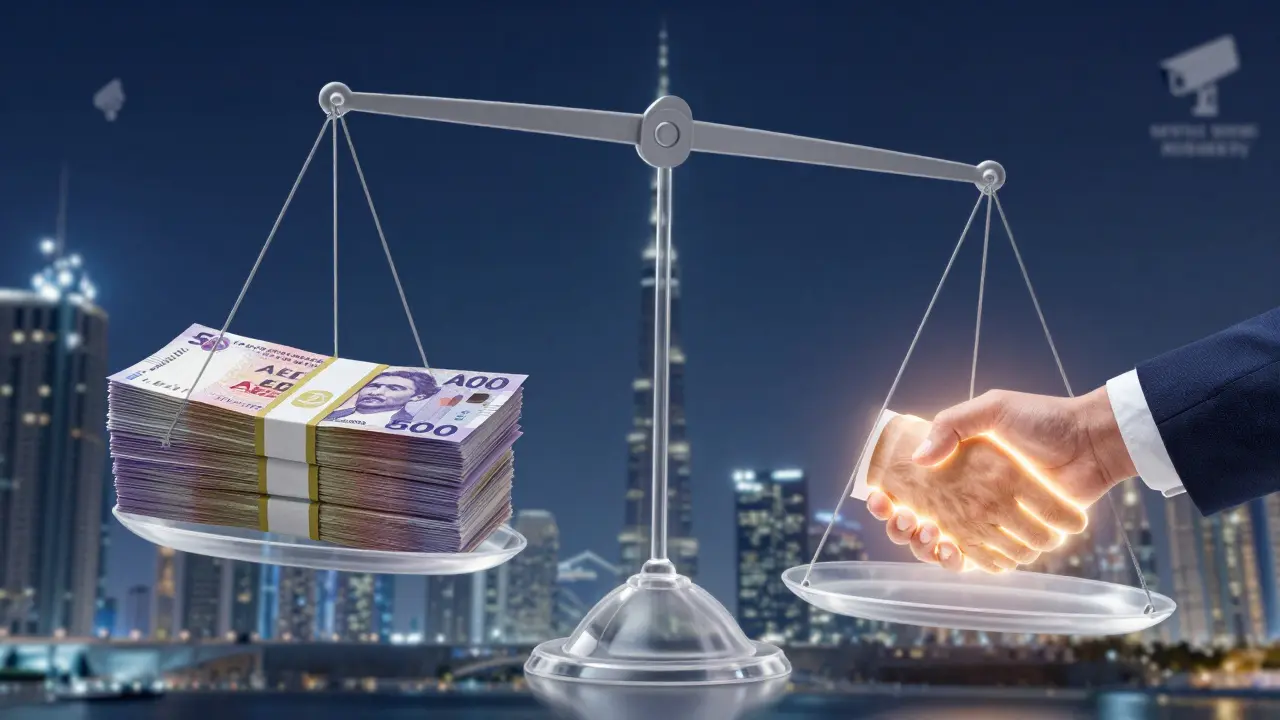 A symbolic scale balancing cash and a handshake, set against Dubai's skyline with subtle surveillance elements hinting at safety and legality.