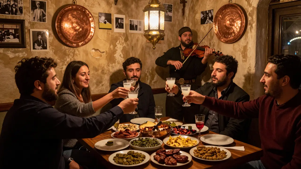 A traditional Turkish meyhane with patrons drinking raki, sharing meze, and listening to live violin music in warm lantern glow.