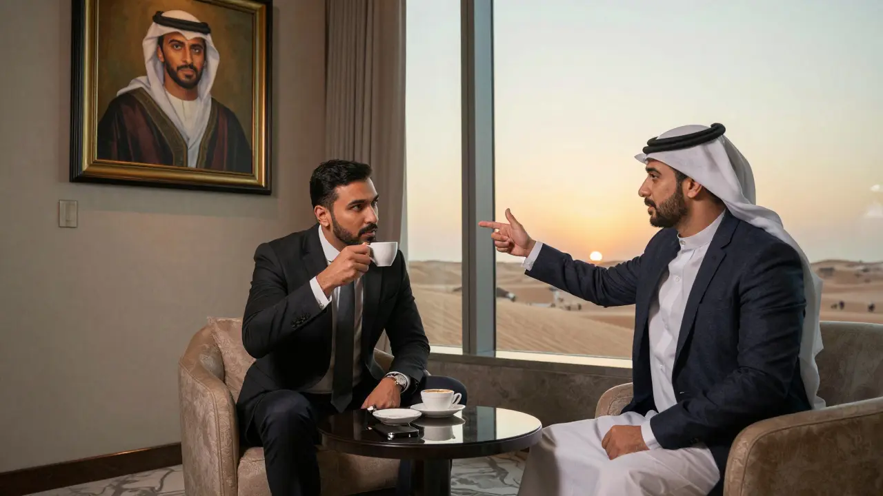 A traveler and companion discussing Emirati art in a luxury hotel lounge at sunset.