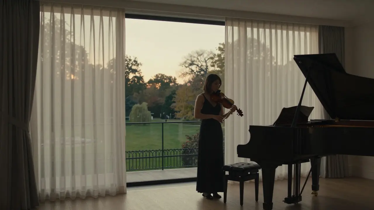 A violinist standing still in a penthouse at dusk, holding a rose.