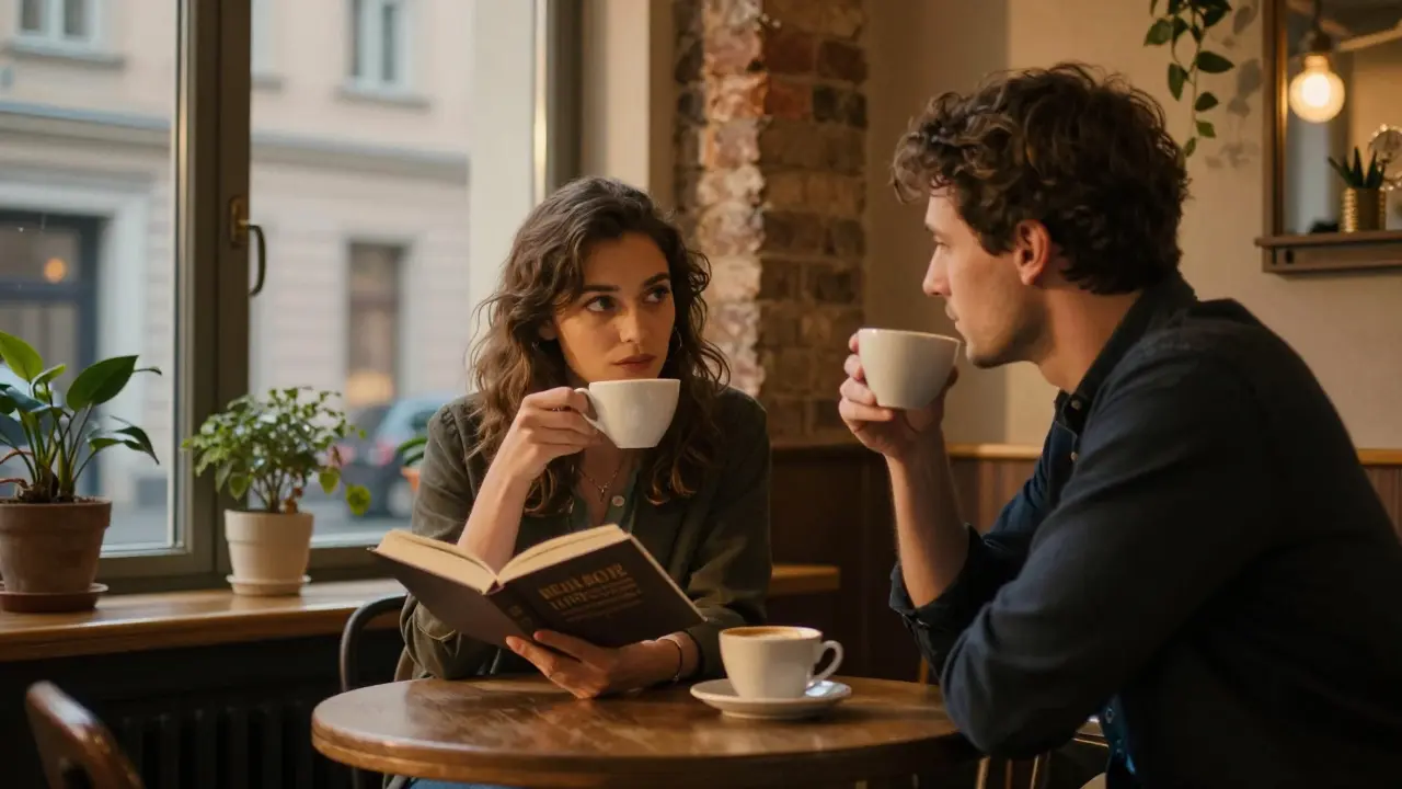 A woman and man having a thoughtful conversation over coffee in a Berlin café.