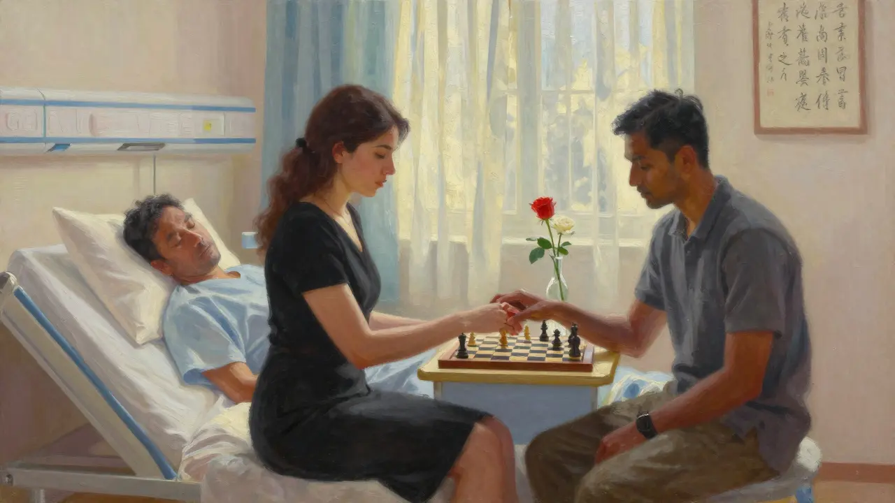 A woman holds the hand of a sleeping client in a hospital room, chessboard and calligraphy in the background.