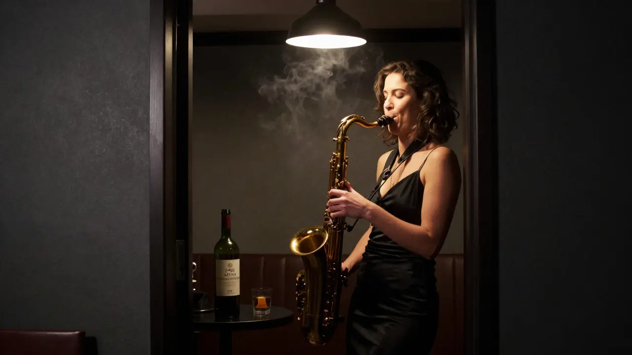 A woman listening to jazz in a secluded booth at Milan's exclusive Jazz Club Milano, wine glass beside her.