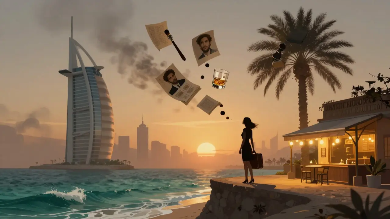 A woman stands on Palm Jumeirah at sunset, suitcase filled with memories as the city fades and a Lisbon café glows ahead.