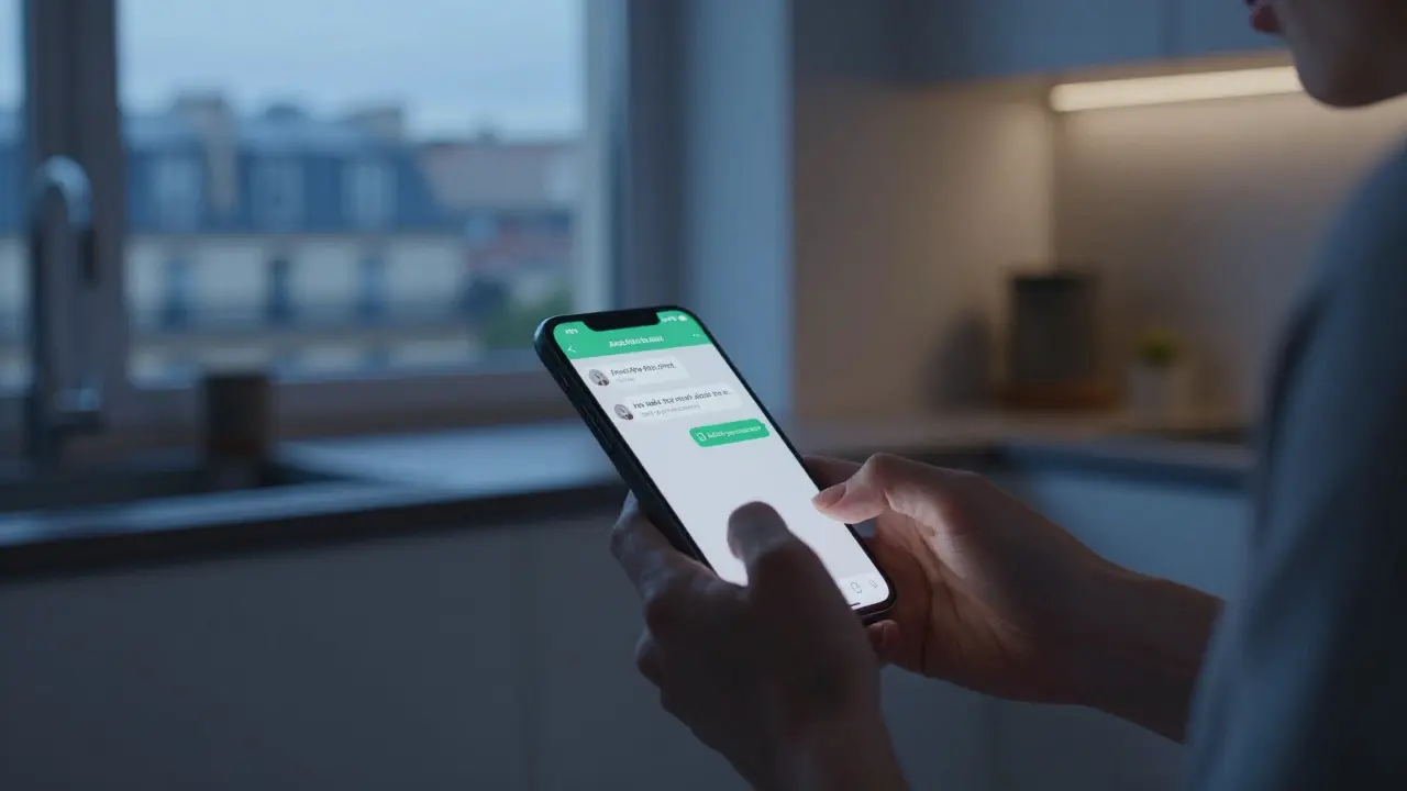 A woman types on her phone in a Paris kitchen, showing a private group chat with discreet client safety warnings.