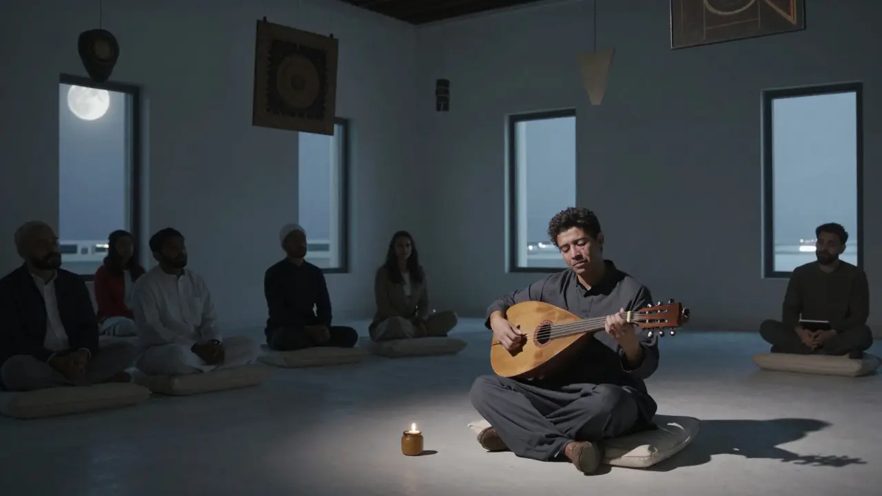 A young musician playing oud alone under hanging art, audience seated quietly in a serene space.