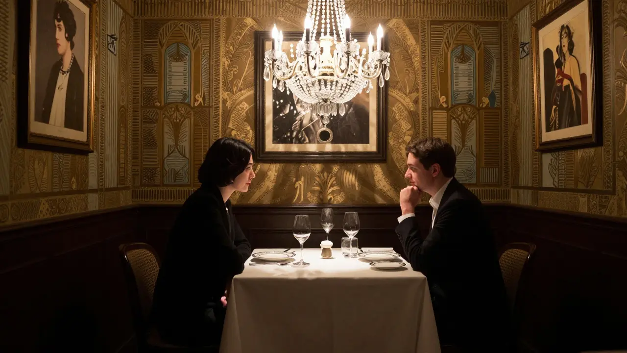 An elegant dinner at a luxurious London restaurant with chandeliers and art deco details, conveying refined intimacy.