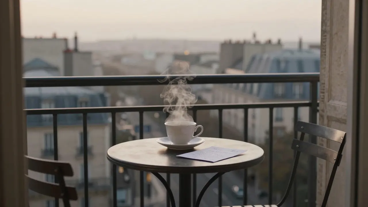 An empty Parisian balcony at dawn with a teacup and folded note, suggesting a quiet, unspoken human connection.