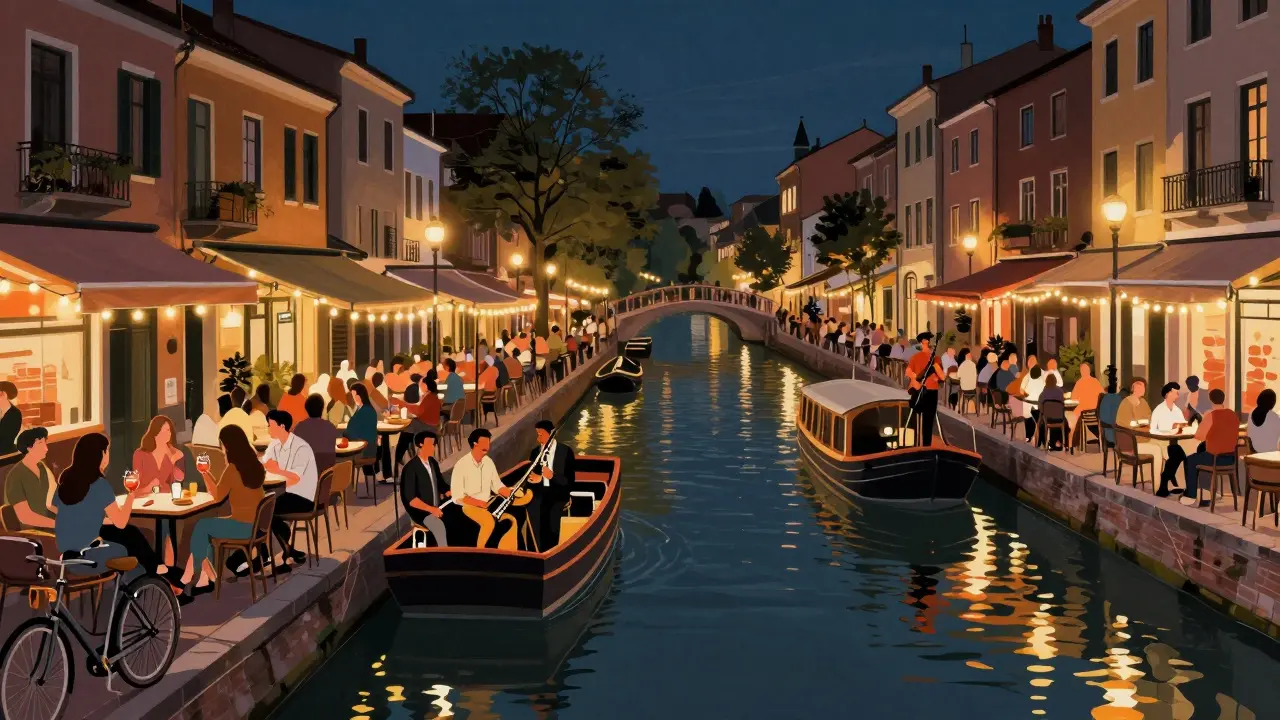 Canal-side bars in Navigli filled with people under string lights, live jazz playing on a floating barge.