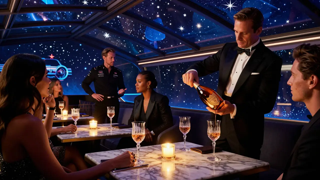 Celebrity guests sip rare champagne in a high-end nightclub with ambient lighting and a retractable roof.