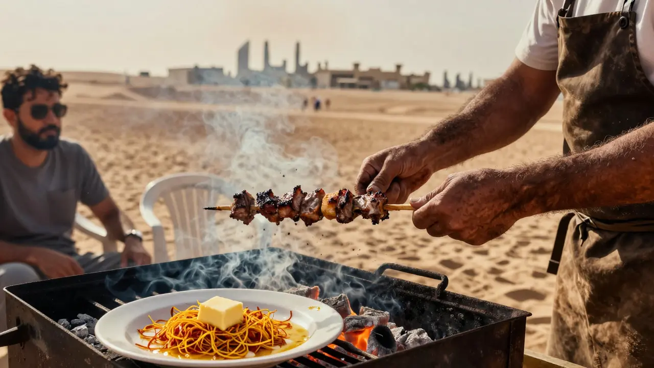Chef handing a sizzling lamb kebab to a customer at Al Raha Beach Barbecue with marina lights in the background.