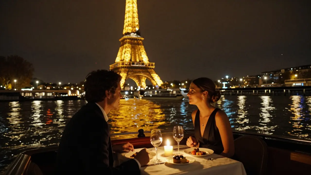 Couple dining on Seine cruise with Eiffel Tower lights