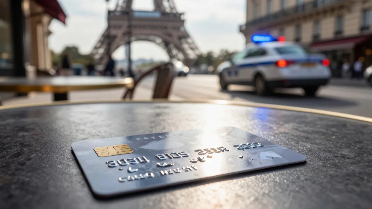 Credit card payment at Paris café, police car in background, safe public meeting spot.