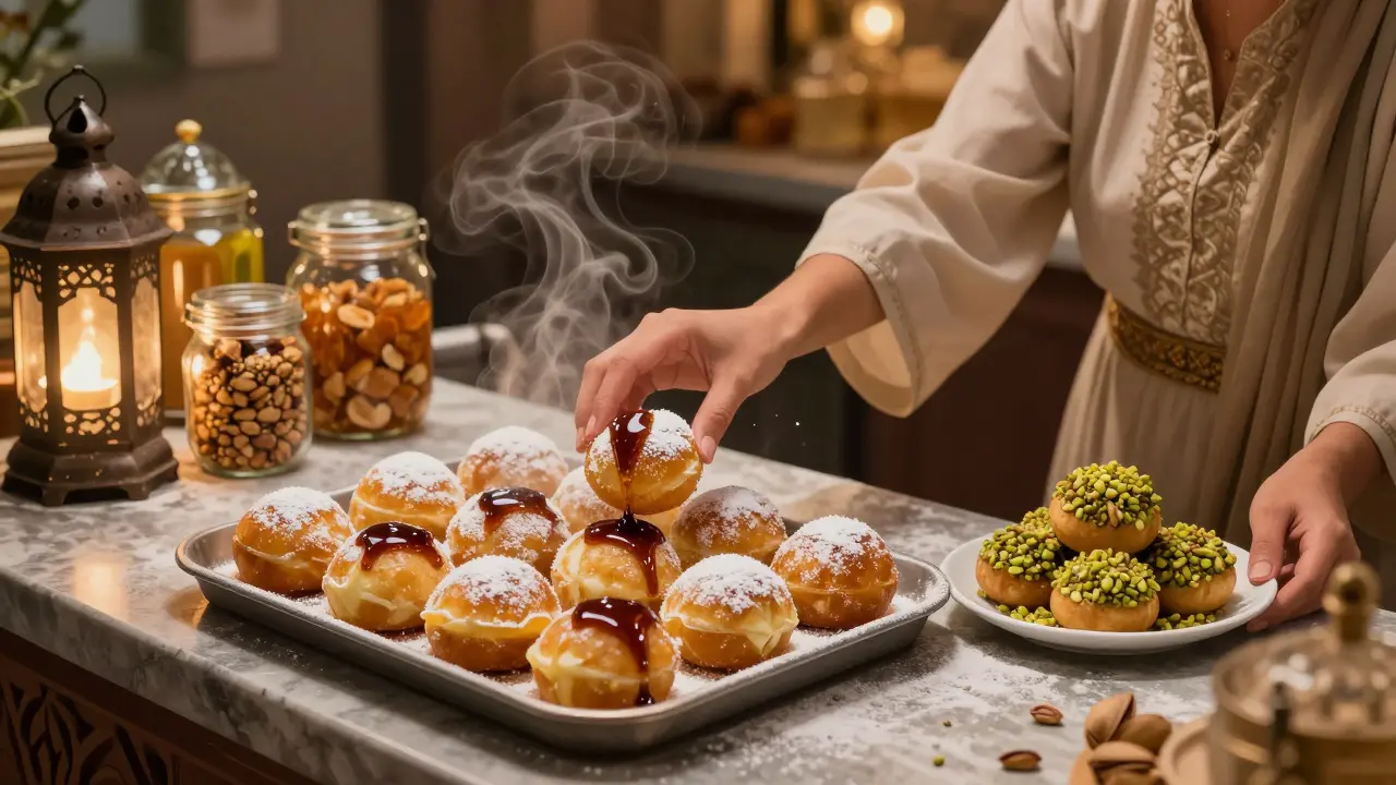 Dessert counter at Al Maha Sweets serving warm luqaimat drizzled with date syrup at 2 AM.