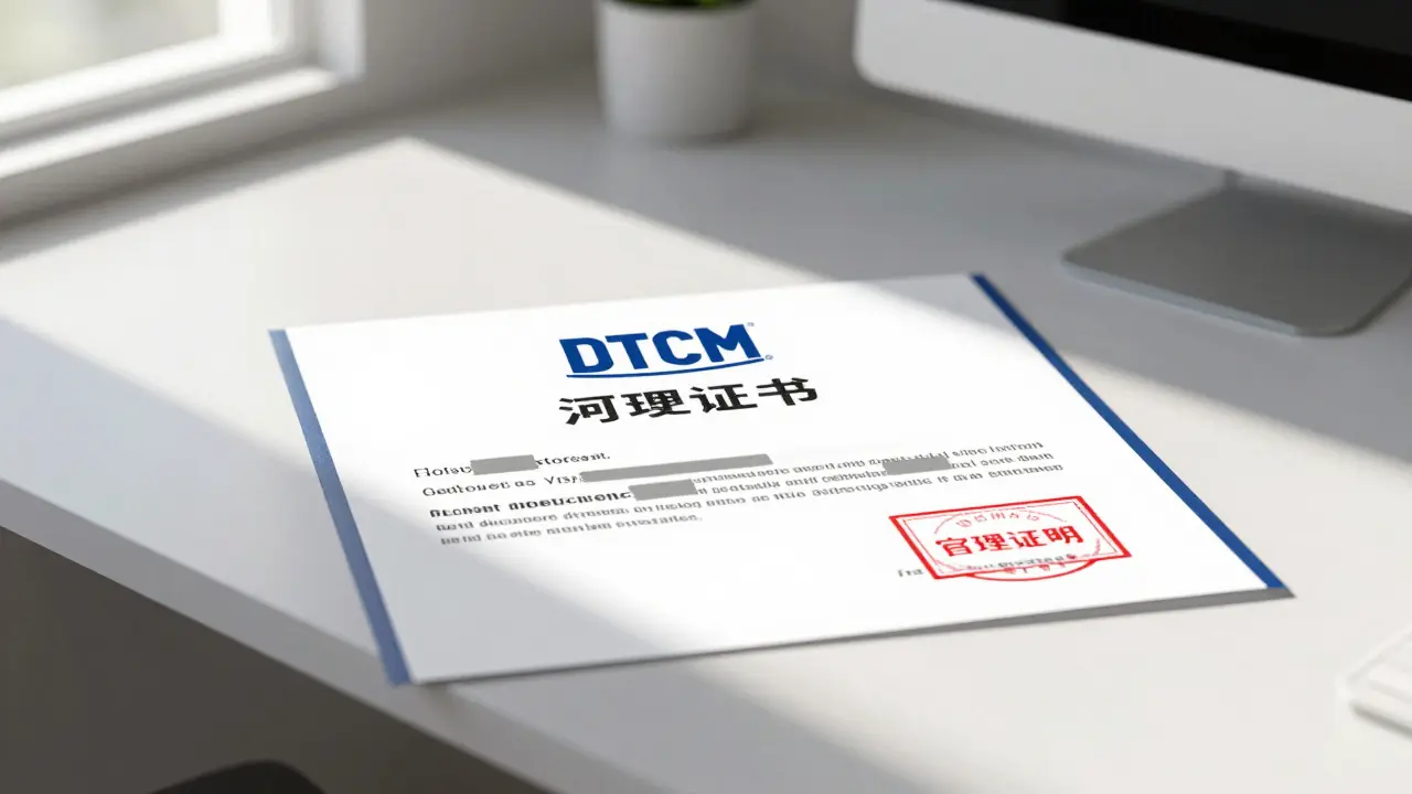 DTCM license certificate with logo and verification stamp on desk