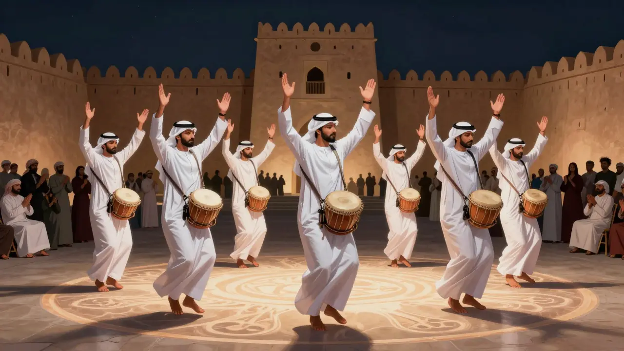 Emirati men perform the traditional Ardha dance in white thobes, stomping rhythmically under moonlight at Qasr Al Hosn.