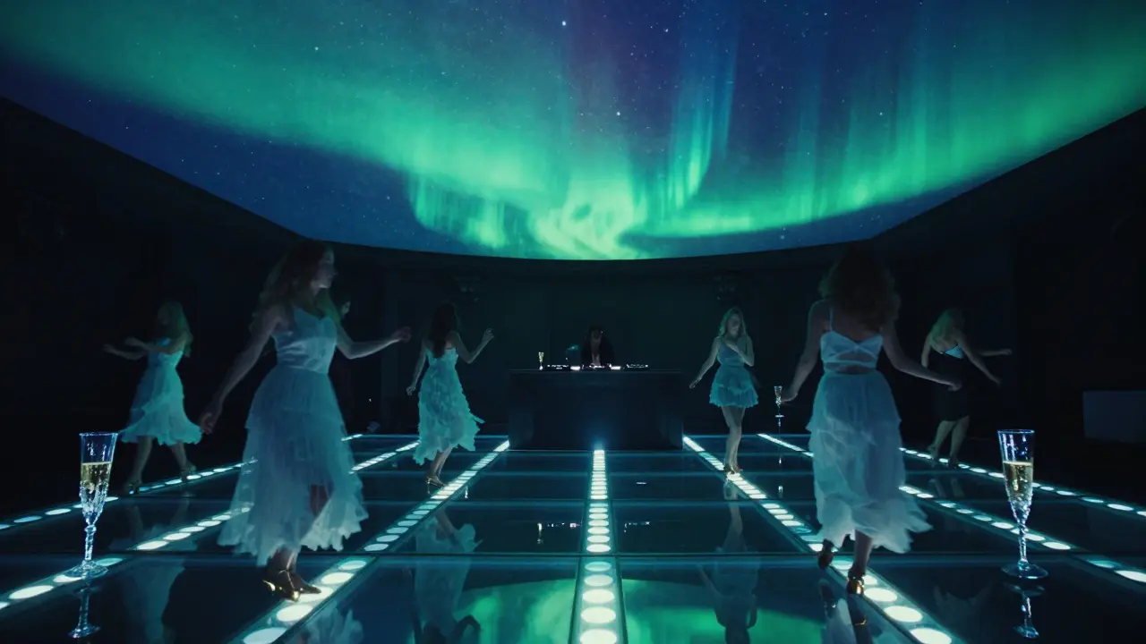 Ethereal nightclub with glowing glass floor and shifting aurora-like ceiling lights.