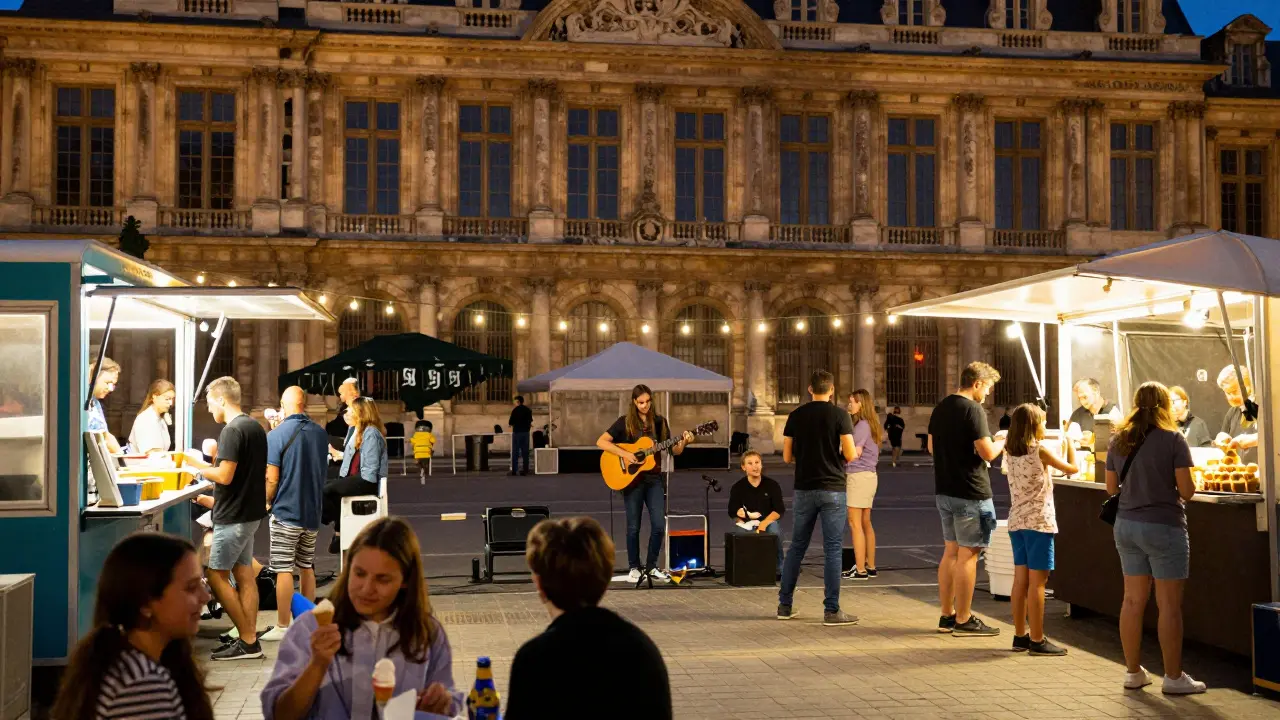 Free Sunday night party at Place du Palais with live music, food trucks, and families.