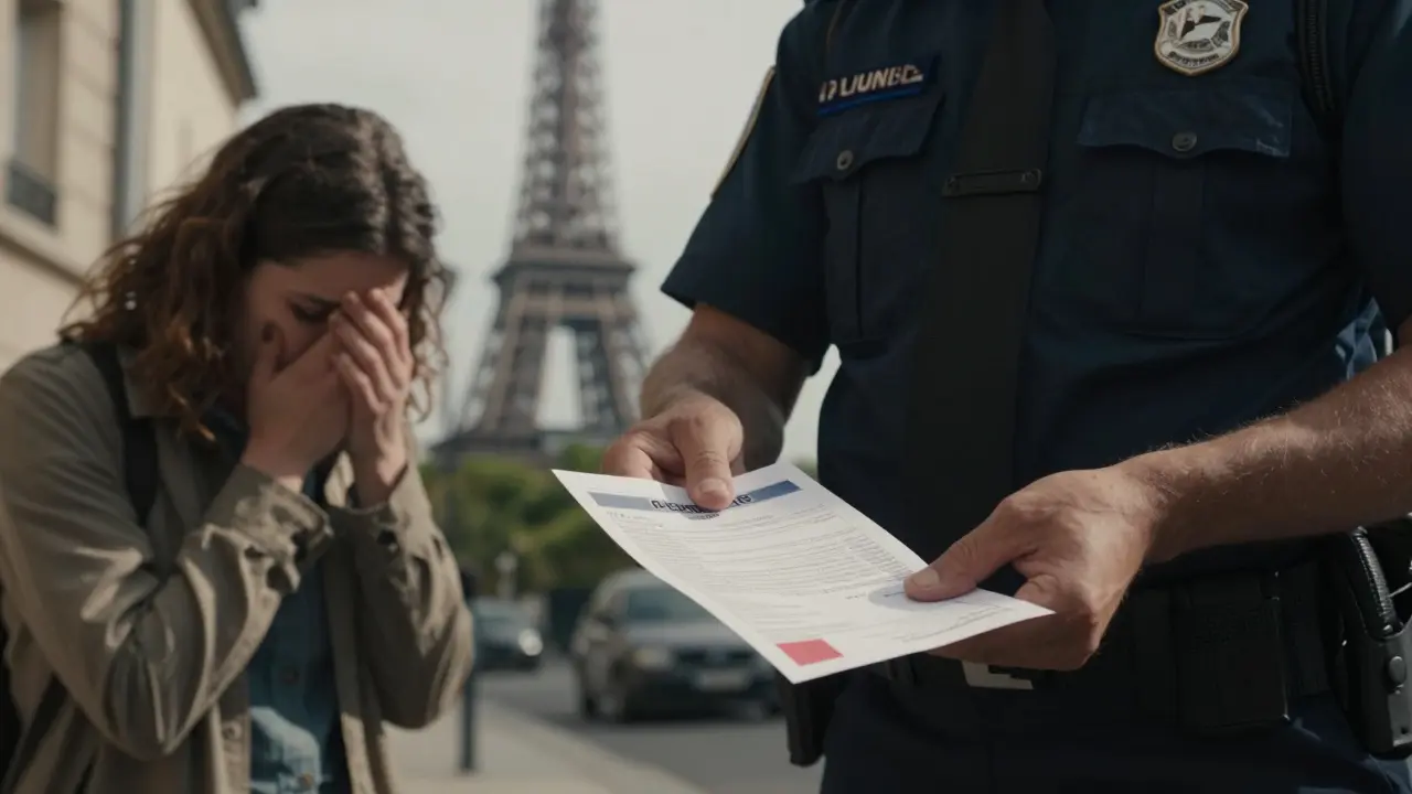 French officer handing fine to tourist in Montmartre