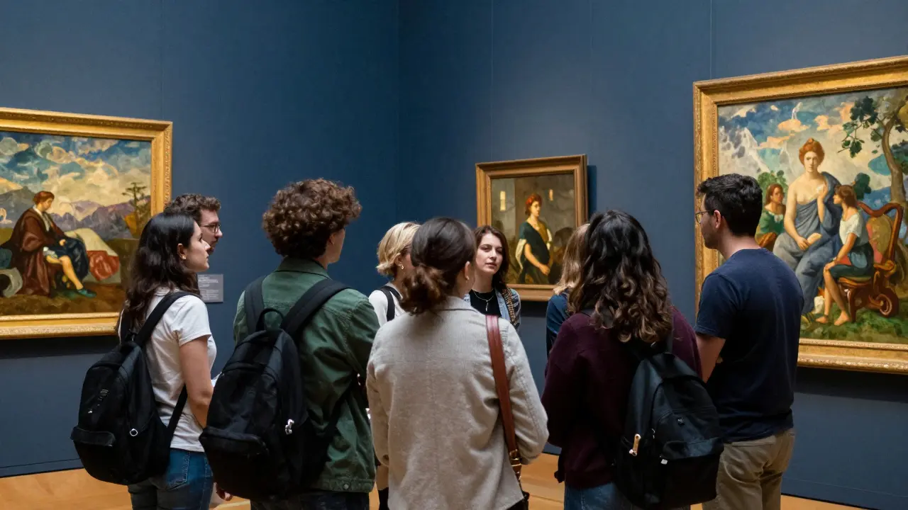 Group admiring art at Musée d'Orsay, diverse crowd sharing cultural experience.