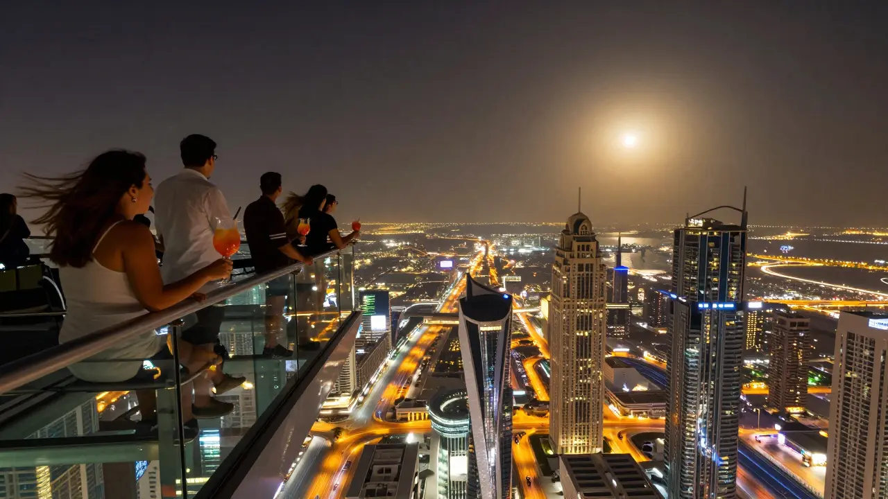 Guests on a glass rooftop 300 meters above Abu Dhabi, city lights below and golden moon rising.