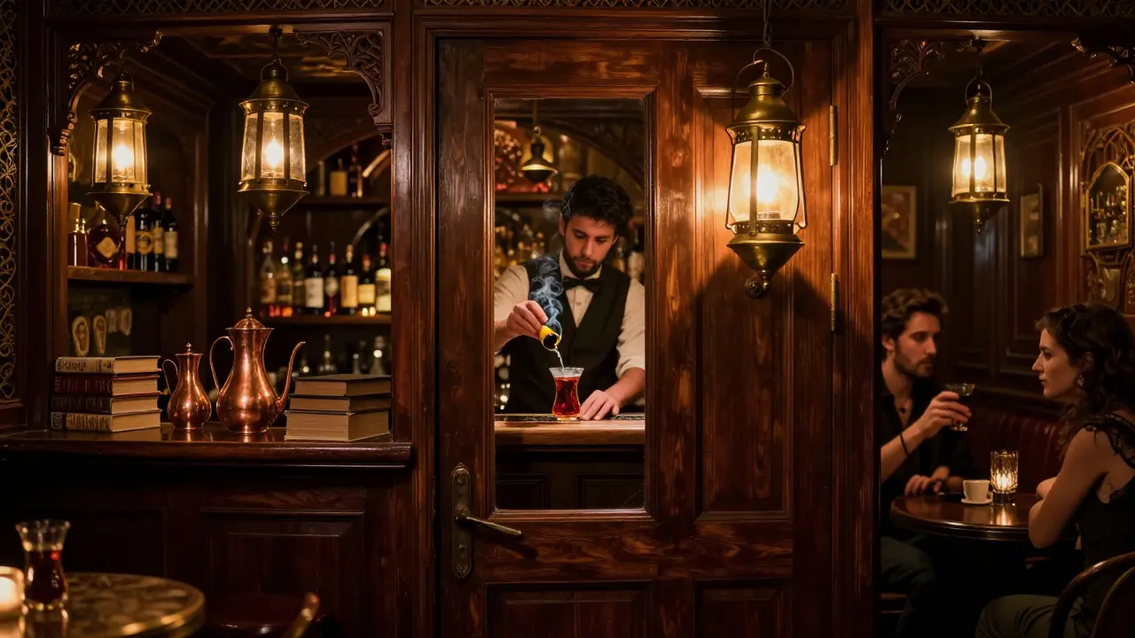 Hidden speakeasy bar with warm lighting and Ottoman-style decor in Karaköy.