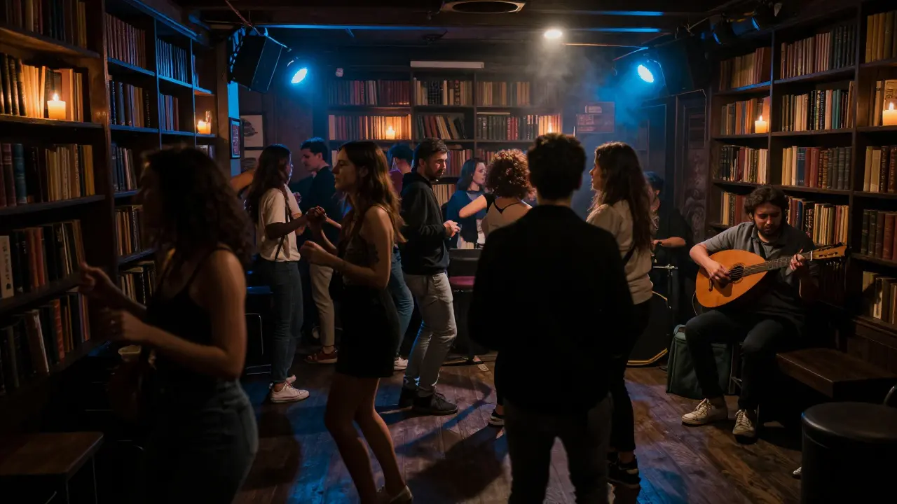 Hidden underground club behind a bookshelf, lit by candles and neon blue lights.
