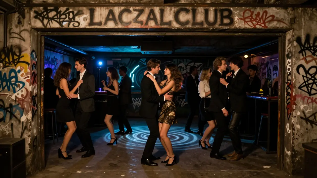 Hidden underground club beneath a railway bridge, glowing sound equipment and stylish crowd dancing in dim light.
