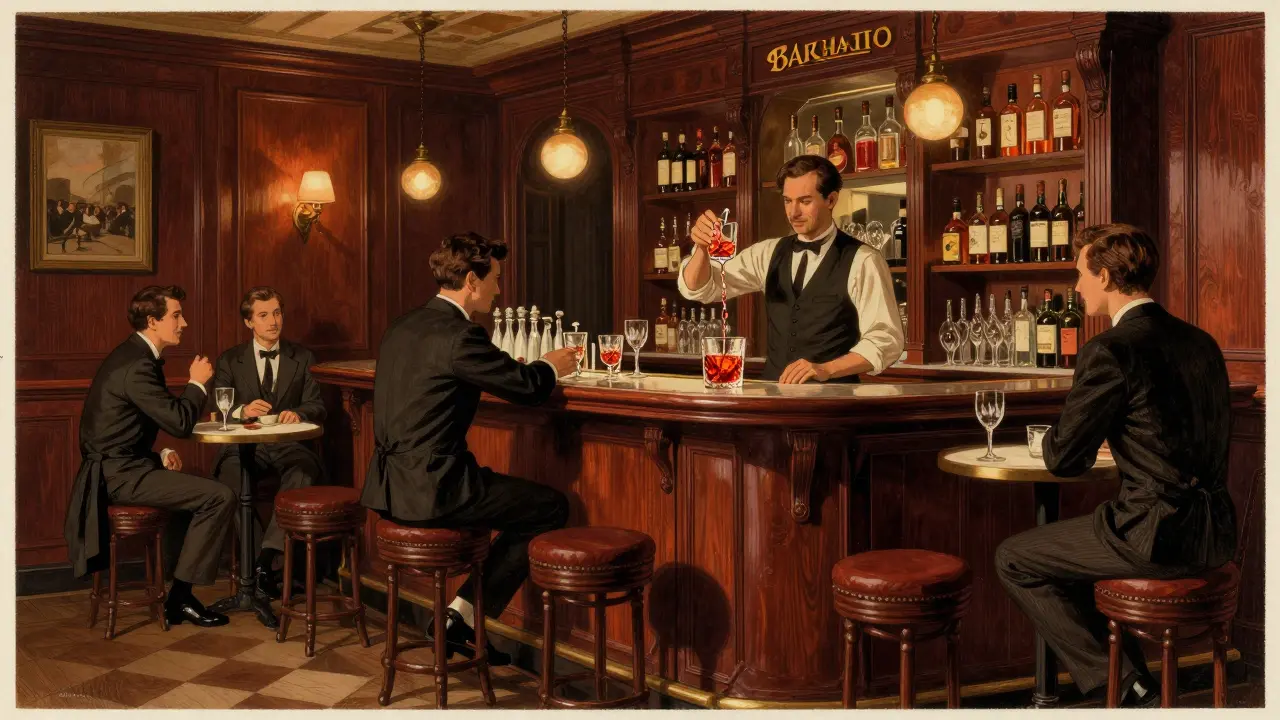 Historic Bar Basso interior with vintage decor and cocktail preparation.