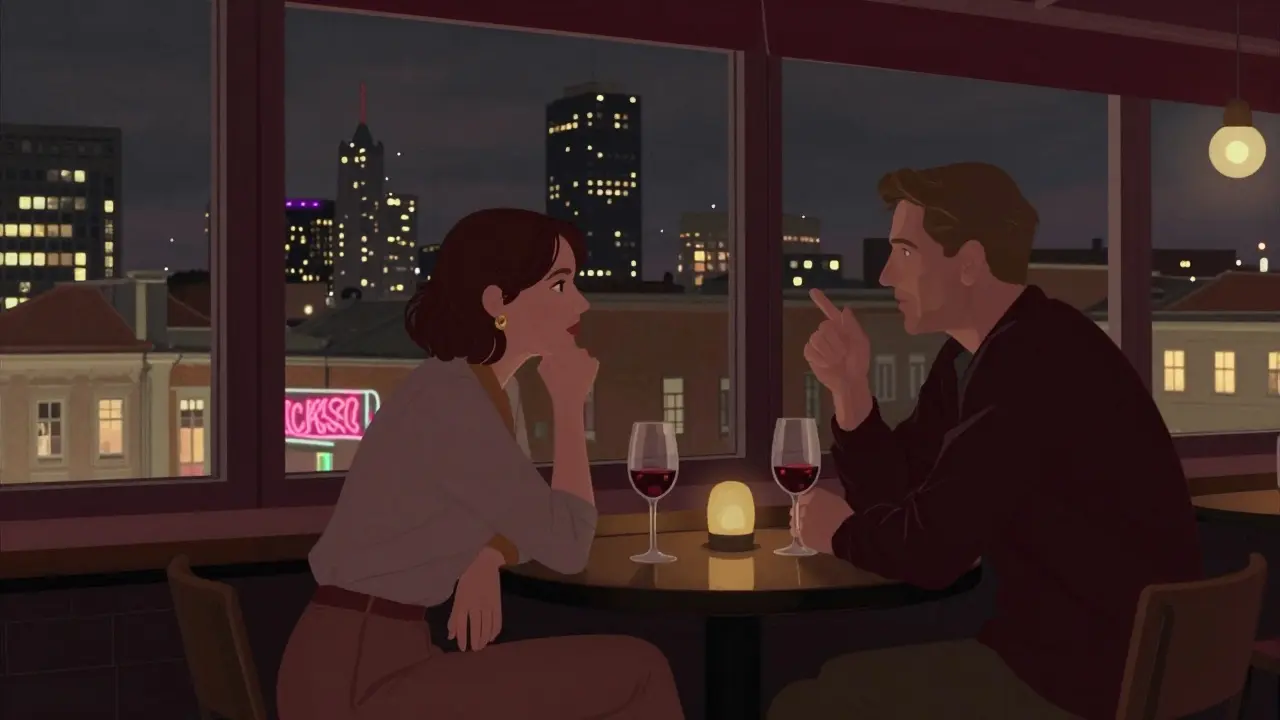 Intimate rooftop conversation in Berlin with skyline view, wine glasses on table.