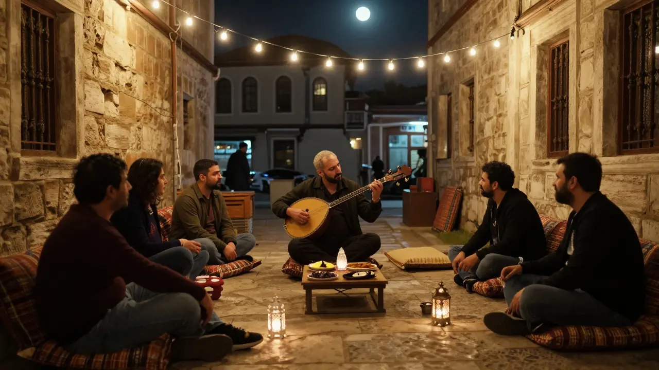 Local musicians playing saz in a courtyard as friends share raki and food under soft lantern light.