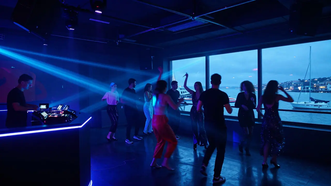 Neon-lit Le Rascasse nightclub with dancing crowd and harbor views