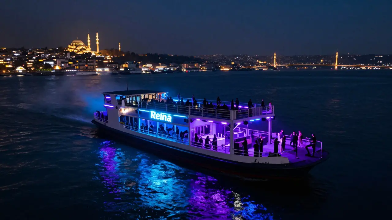 Reina nightclub on a barge at night, lights reflecting on the Bosphorus with city skyline behind.