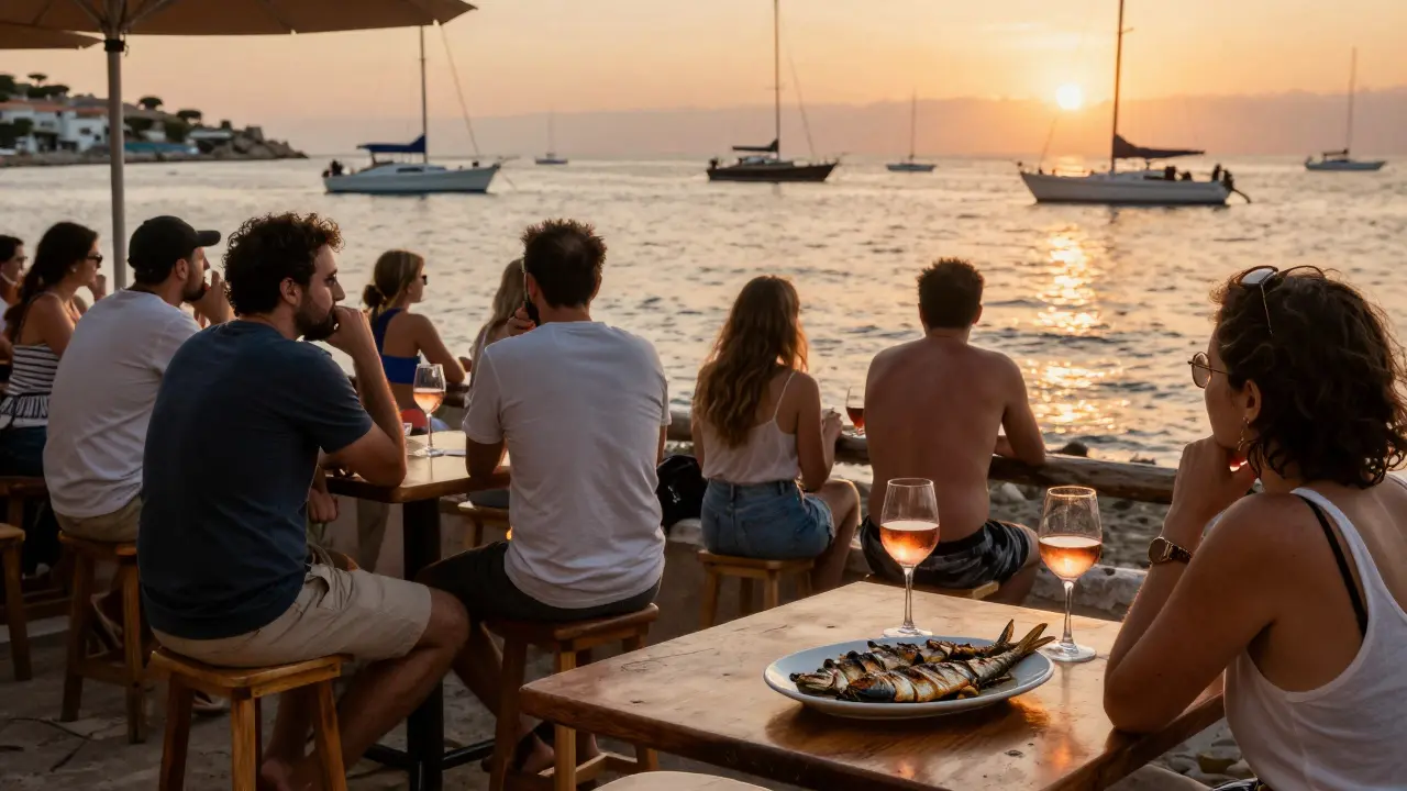 Relaxed beachside bar at Port Hercule with people enjoying rosé and yachts in the background.