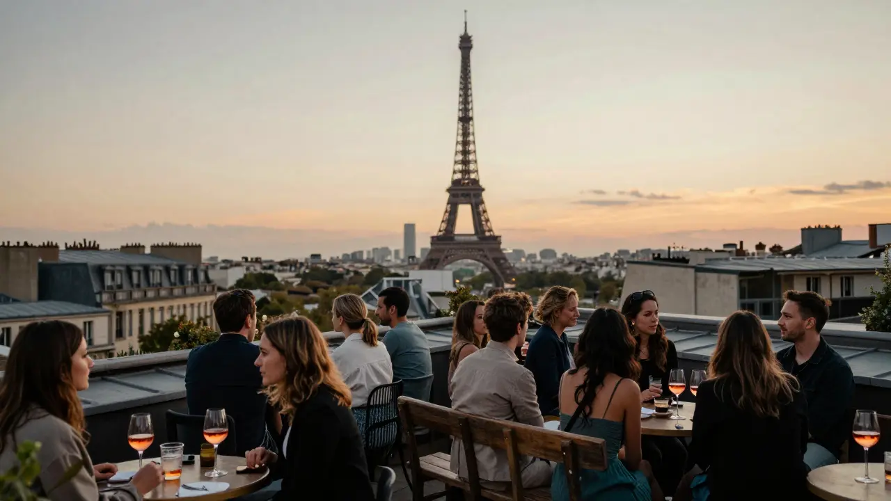 Rooftop bar in Paris at sunset with people watching the Eiffel Tower glow over the city skyline.
