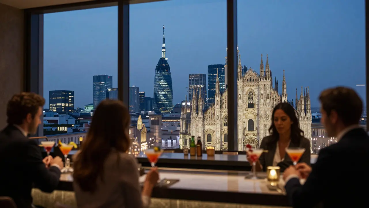 Rooftop bar with panoramic Milan skyline view at dusk, Duomo visible.
