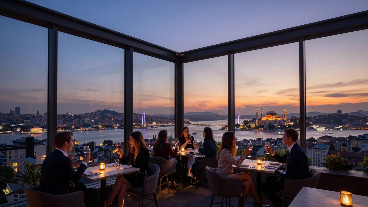 Rooftop bar with panoramic views of Istanbul's skyline at sunset.