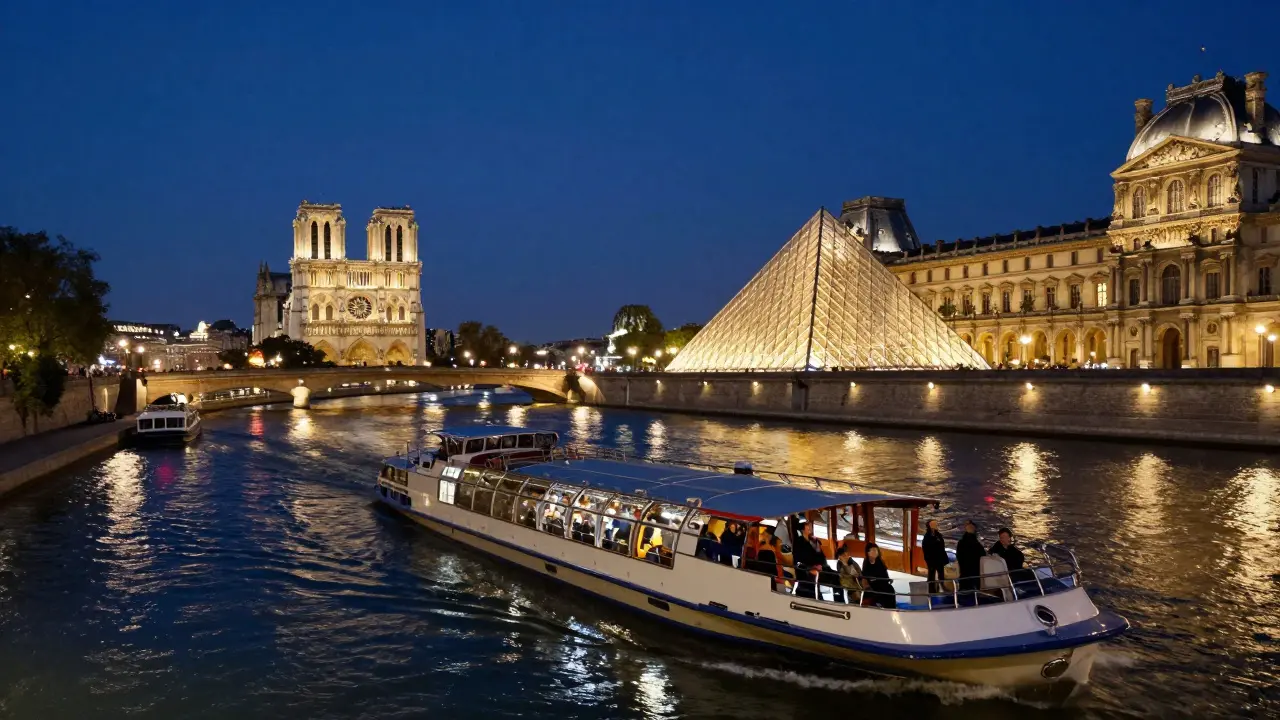 Seine River cruise at night with illuminated Paris landmarks