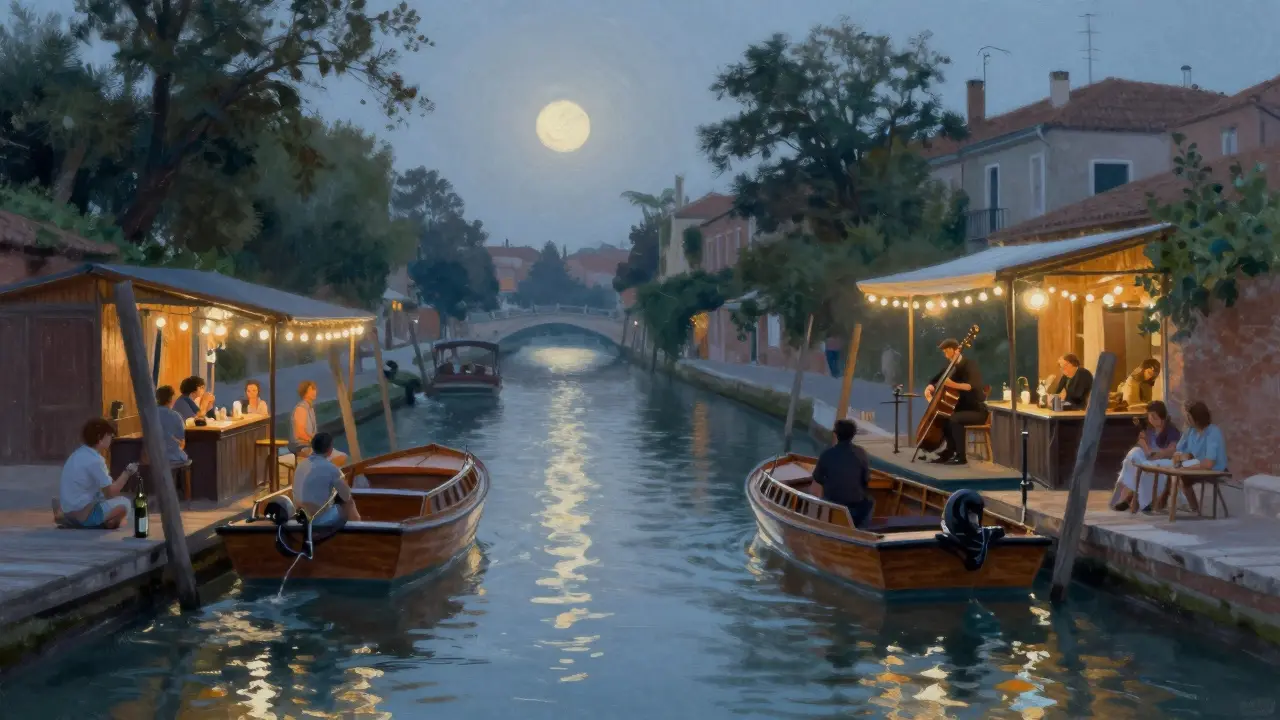 Serene summer night at Navigli canal with lit boats, a jazz musician, and people relaxing on wooden docks.