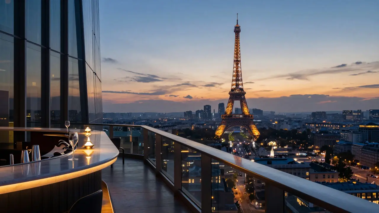 Sleek rooftop bar on the 56th floor with Eiffel Tower sparkling in the distance at sunset.