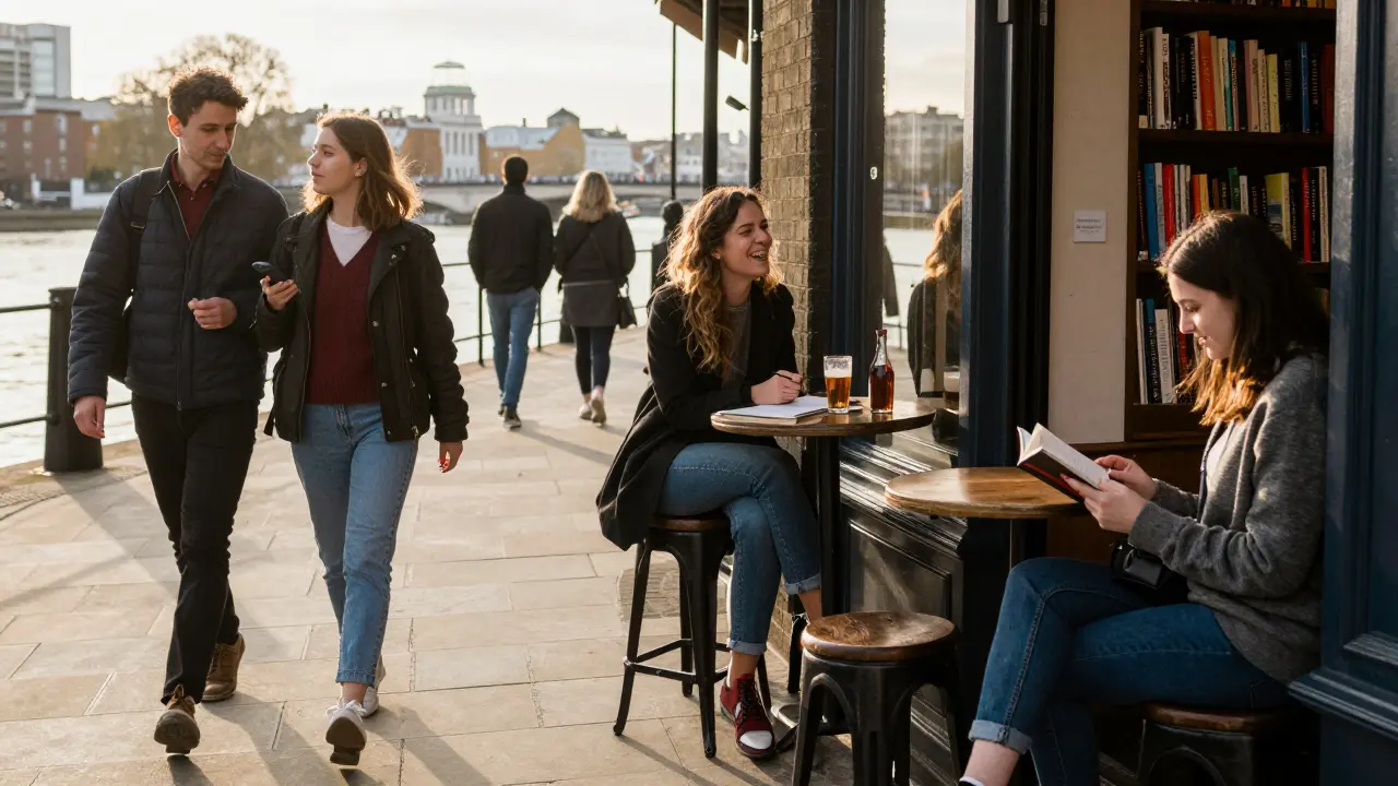 Three diverse individuals in London sharing quiet, authentic moments: walking by the river, dancing in a jazz bar, reading in a bookshop.
