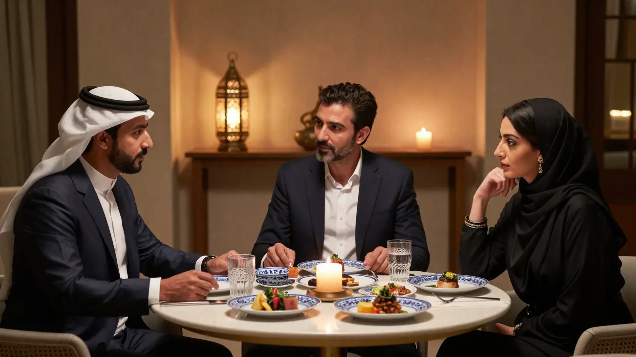 Three individuals share a quiet private dinner with refined decor, engaging in thoughtful conversation without physical intimacy.