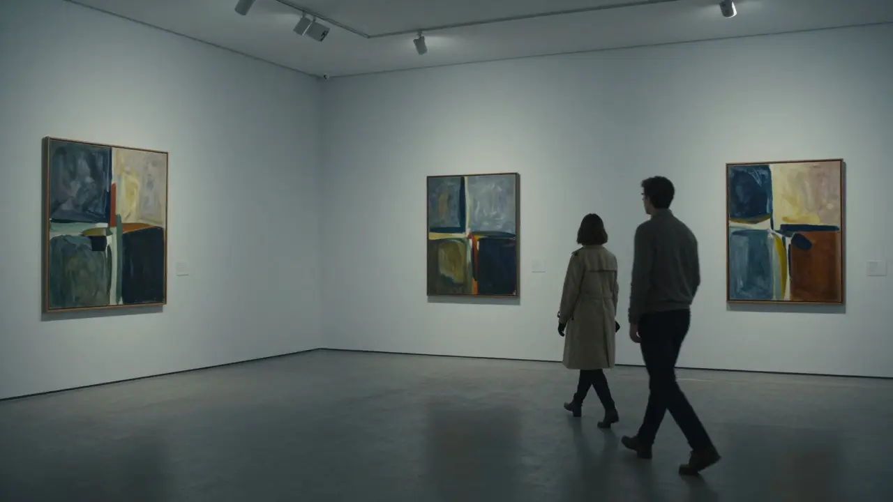 Two figures walking silently through an empty art gallery at night.